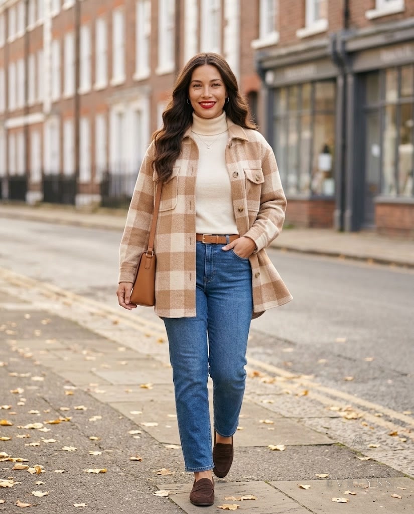 EVELYSS A crisp autumn street-style photograph of , a with espresso-brown centre-part waves, a small beauty mark