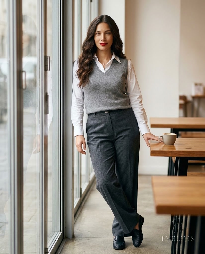 EVELYSS , a stands by a tall window in a bright, minimal café on a gray November afternoon