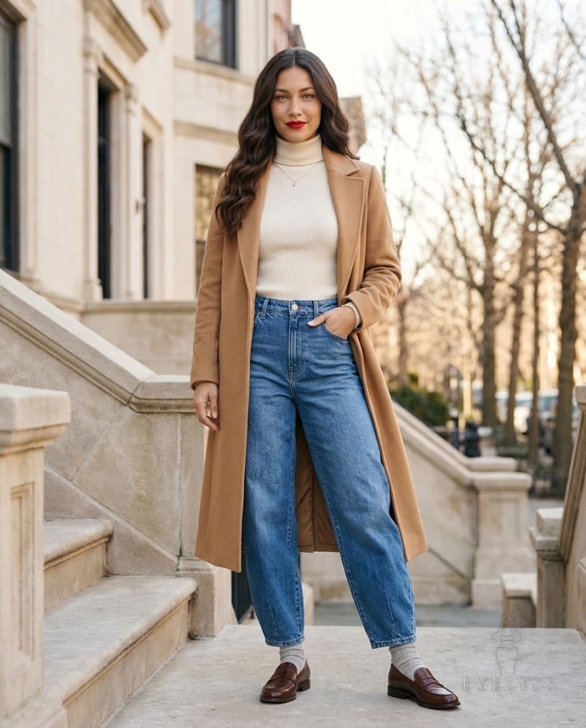 EVELYSS , a with espresso-brown center-part waves, a small beauty mark and her classic red lip