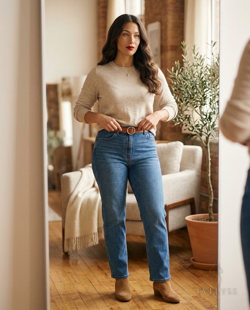 EVELYSS in a sunlit loft apartment on an autumn morning in front of a tall mirror, three-quarter body view