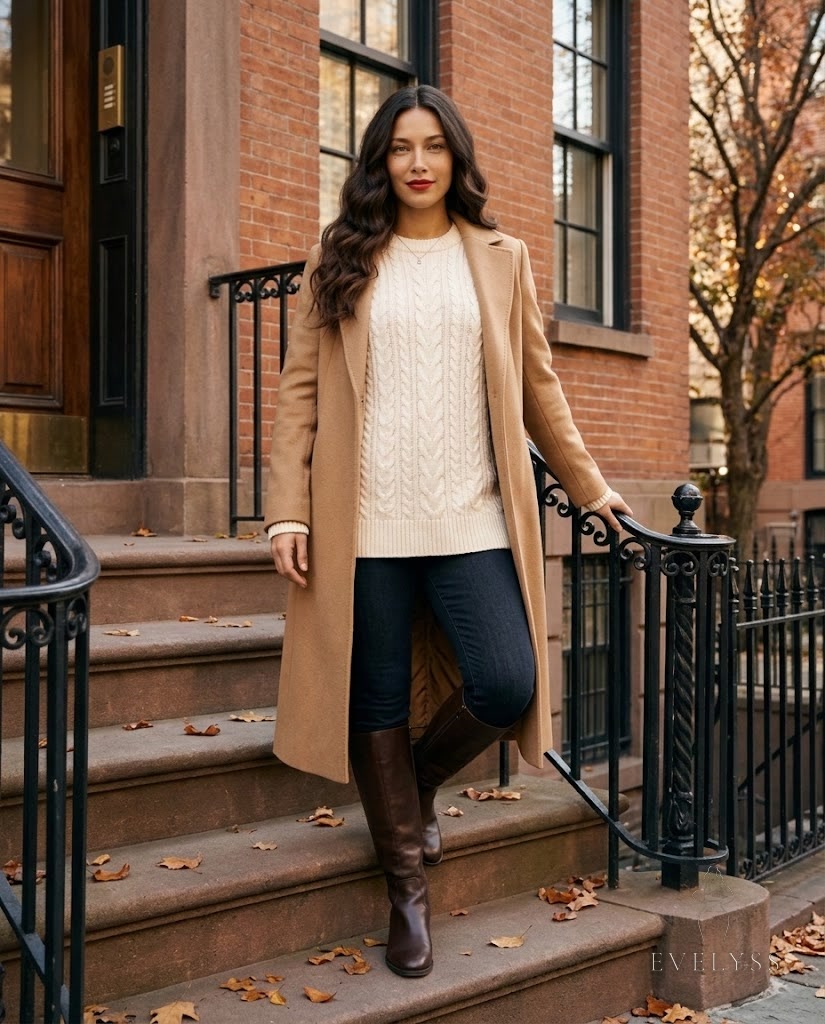 EVELYSS on the front steps of a brick brownstone on a crisp late-autumn afternoon