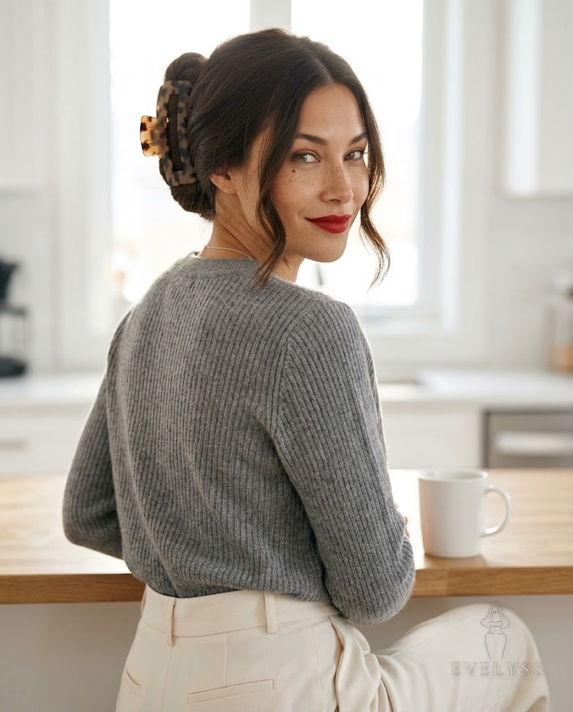 EVELYSS , a stands in a bright, minimal kitchen on a cool late-autumn morning