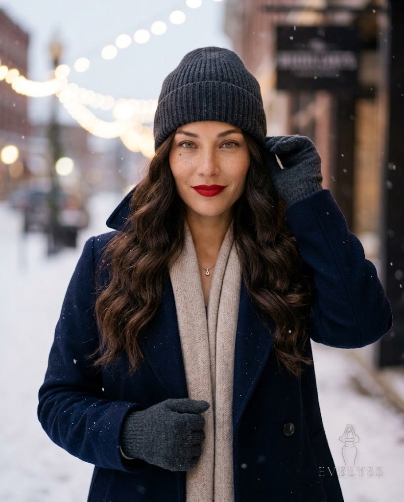 EVELYSS on a quiet snowy street at dusk with warm white string lights blurred in the background, waist-up view