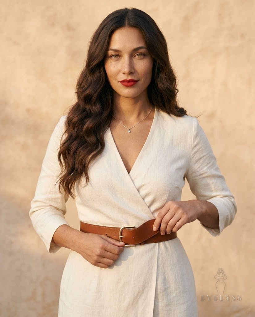EVELYSS cinching a cognac leather belt at her natural waist over an ivory wrap dress
