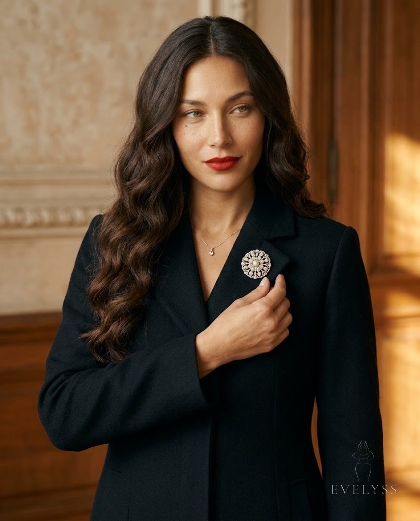EVELYSS in a black tailored wool coat with a vintage-style pearl-and-crystal brooch pinned high on the lapel
