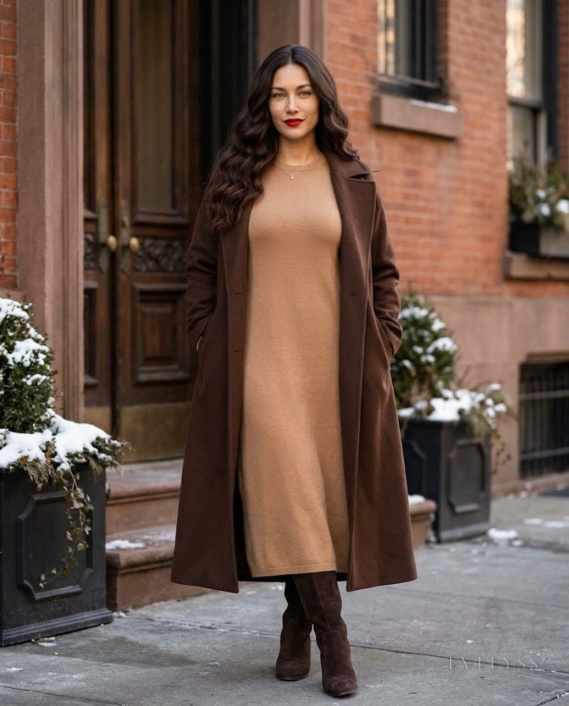 EVELYSS in a long-sleeved camel knit maxi dress with tall brown suede boots that meet the hem and a long chocolate wool coa