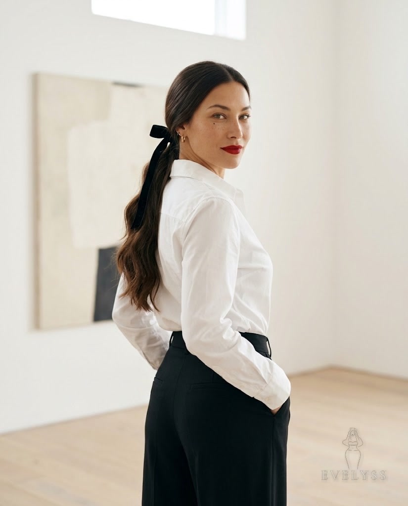 EVELYSS in a minimalist gallery space with white walls and pale wooden floors, soft winter daylight from a high window