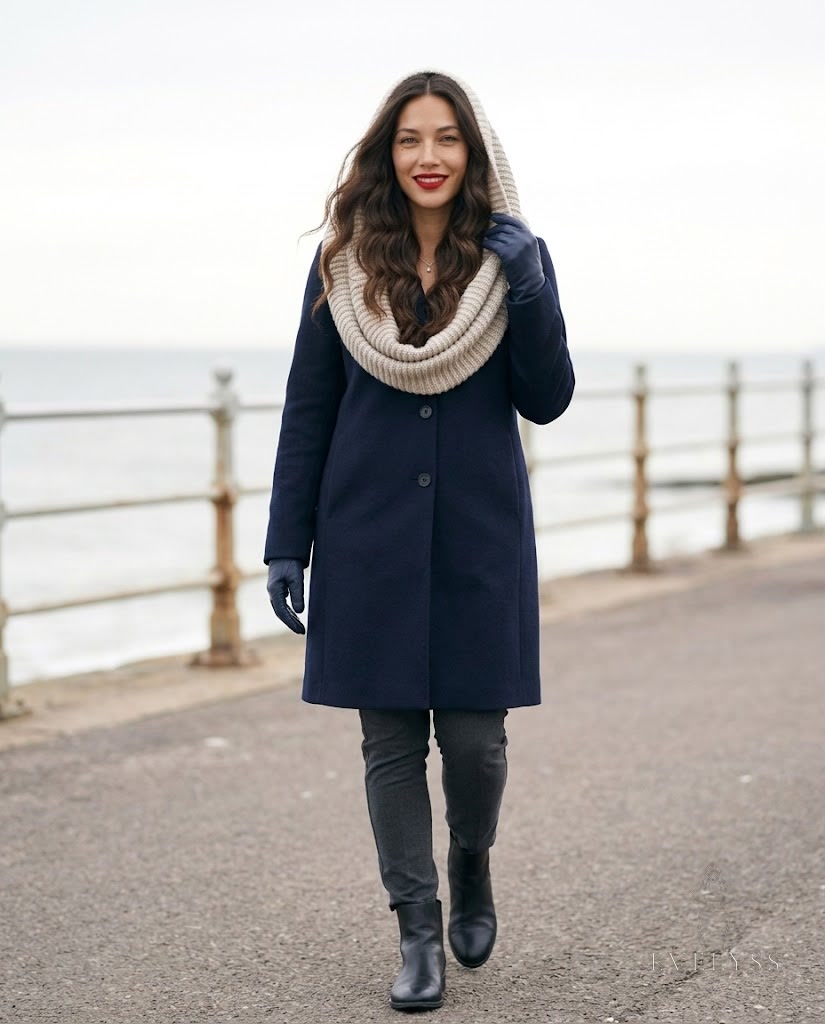 EVELYSS , a walking along a windswept seaside promenade in an English town on a bright, cold December morning