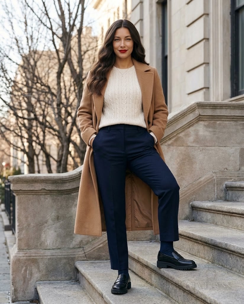EVELYSS , a stands on the stone steps of a quiet city building on a cold, dry December morning