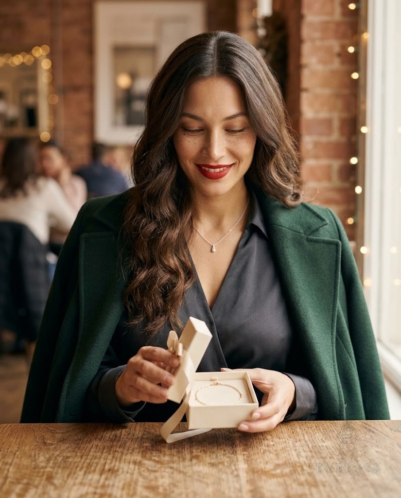 EVELYSS opens a small unbranded gift box to show a fine gold chain bracelet, winter coat over her shoulders