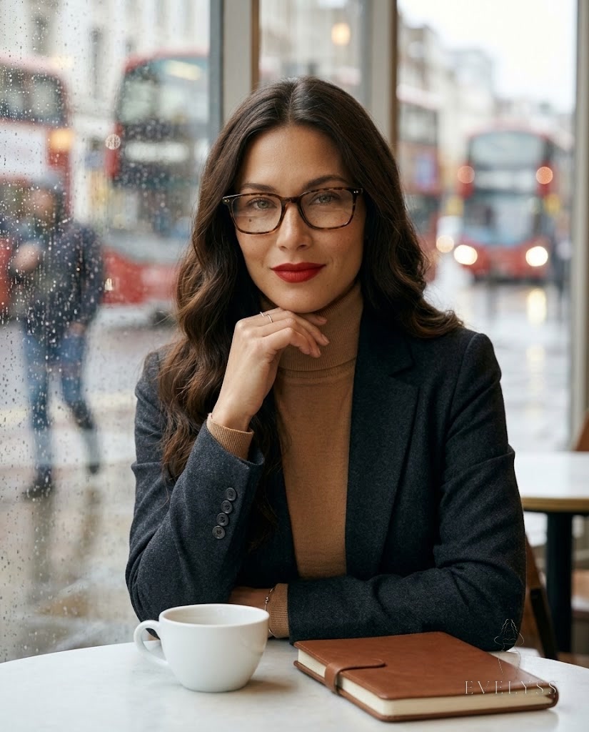 EVELYSS at a café window table in a British city on a grey November afternoon