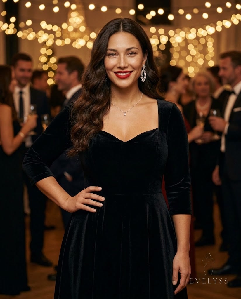 EVELYSS in a black velvet fit-and-flare dress at a Christmas party