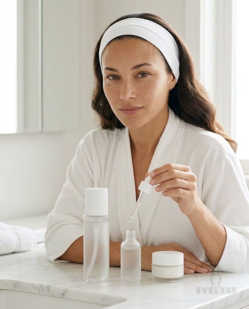EVELYSS with three skincare bottles lined up at a marble vanity, holding a serum dropper