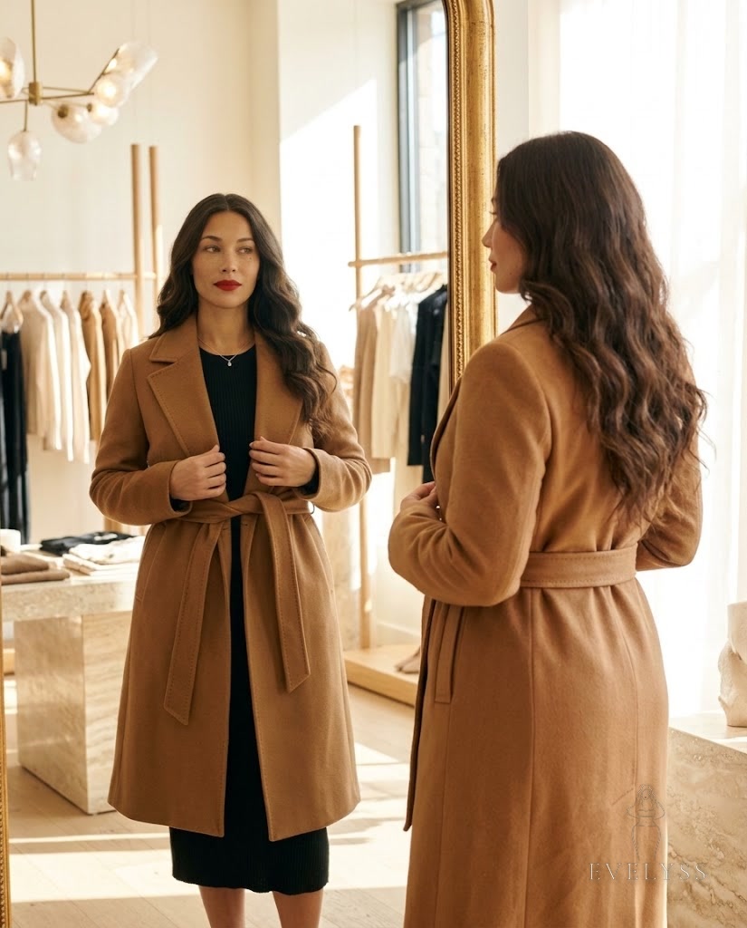 EVELYSS in a belted wrap coat in caramel wool that defines her waist, over a black knit dress