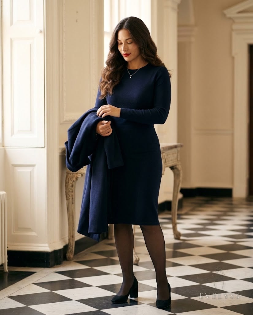 EVELYSS in a navy knit dress with sheer black tights