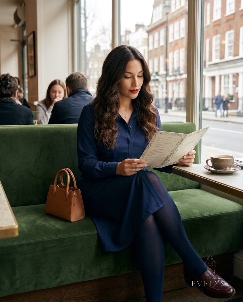 EVELYSS in a navy shirt dress with opaque navy tights in a London café