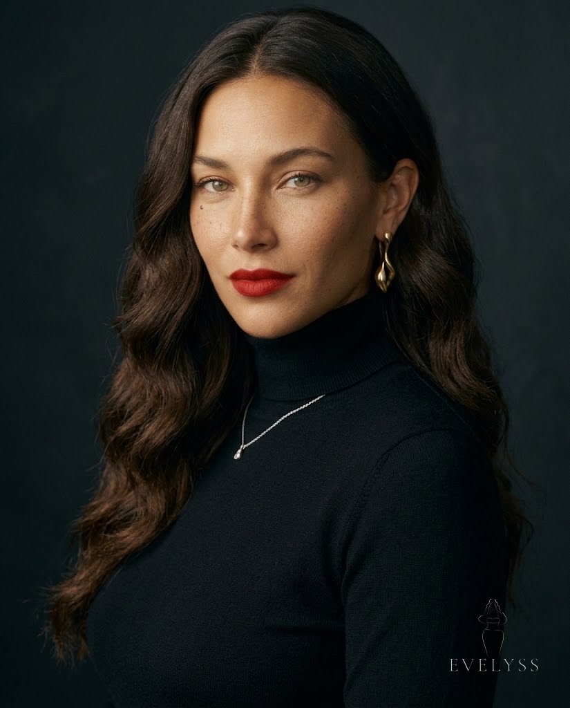 EVELYSS in a fitted black fine-knit turtleneck, hair swept behind one ear to show a sculptural gold drop earring