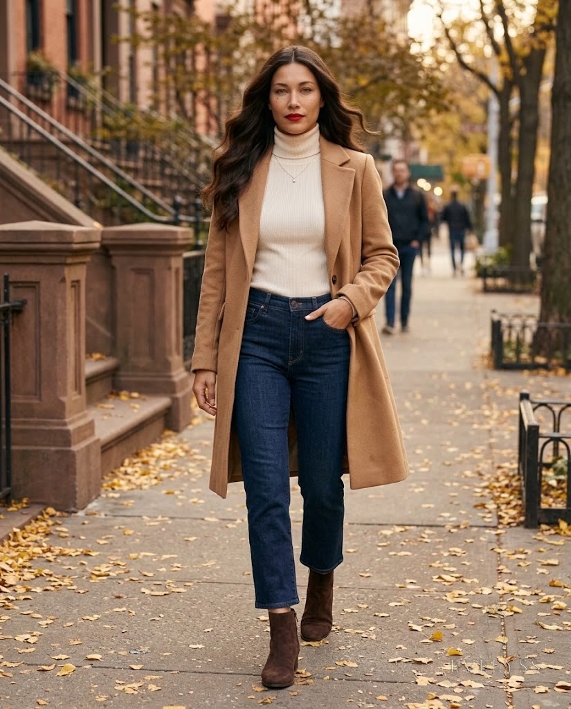 EVELYSS down a tree-lined city sidewalk scattered with golden fall leaves, full-length view mid-stride
