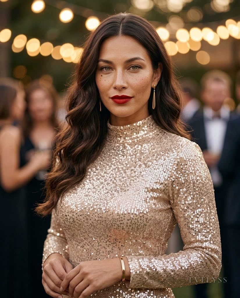 EVELYSS in a champagne sequin dress with gold drop earrings and a cuff