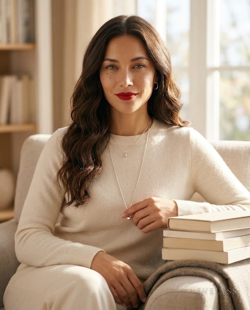 EVELYSS , a sits in a soft armchair in a warm, sunlit living room on a crisp November afternoon