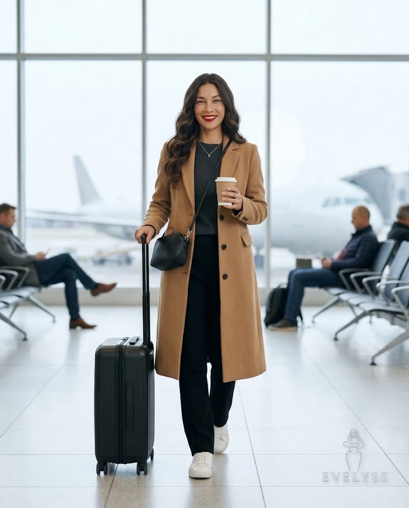 EVELYSS , a walks through a bright, modern airport terminal on a winter morning