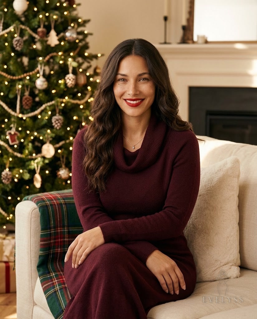 EVELYSS in a deep burgundy knit sweater dress with a soft cowl neck, sitting on a cream sofa with a plaid blanket