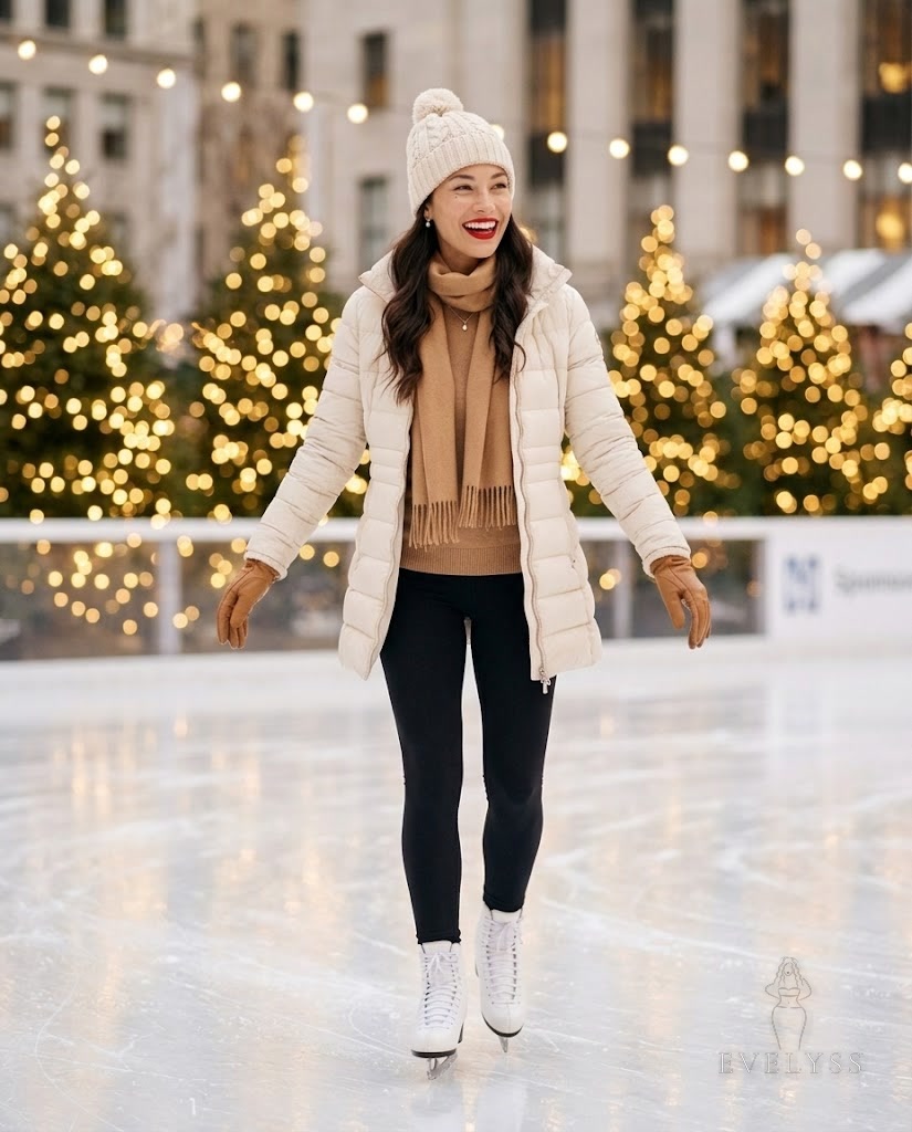 EVELYSS , a glides on a festive outdoor city ice rink at early evening in December