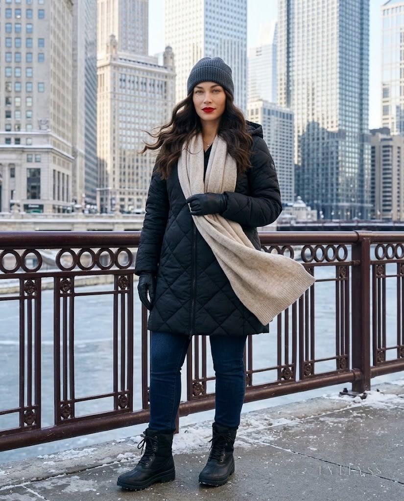 EVELYSS beside a river railing downtown on a clear