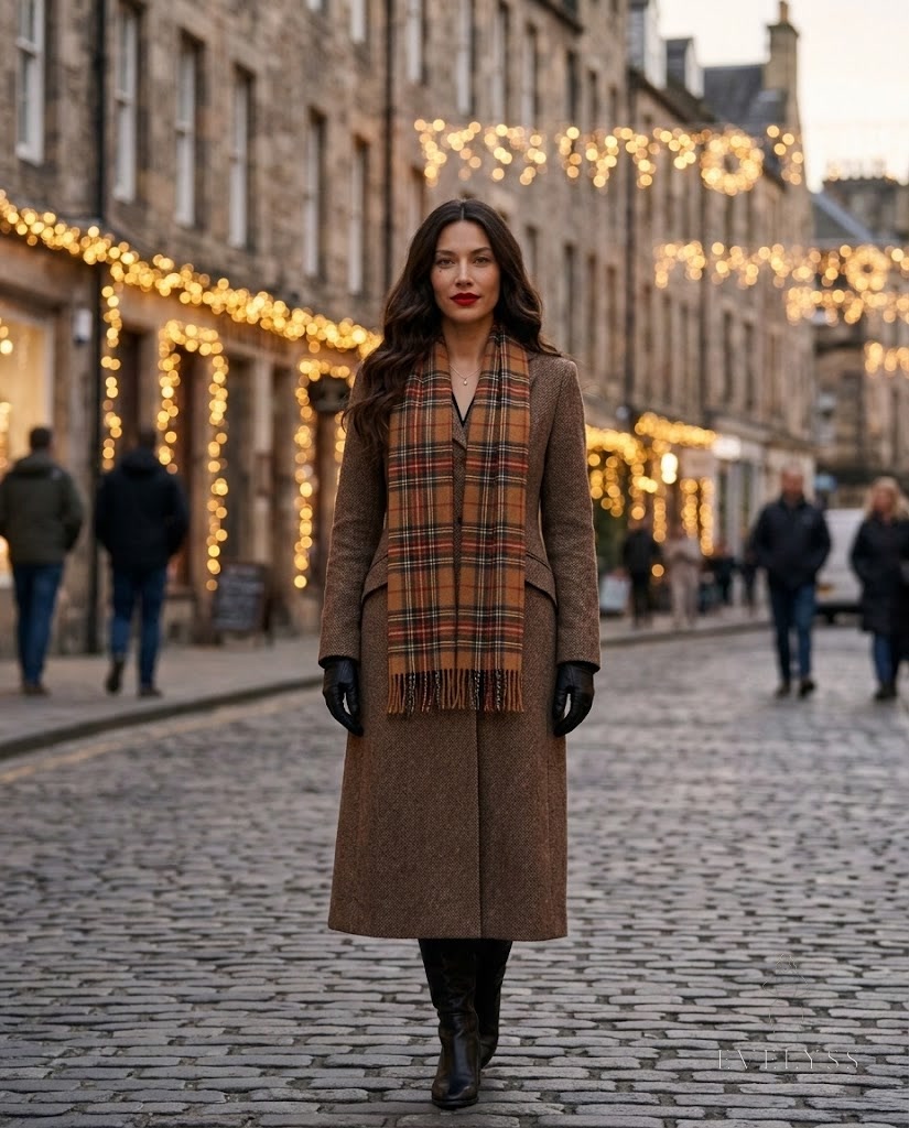 EVELYSS in a long tweed coat, a tartan wool scarf, black gloves and waterproof leather boots