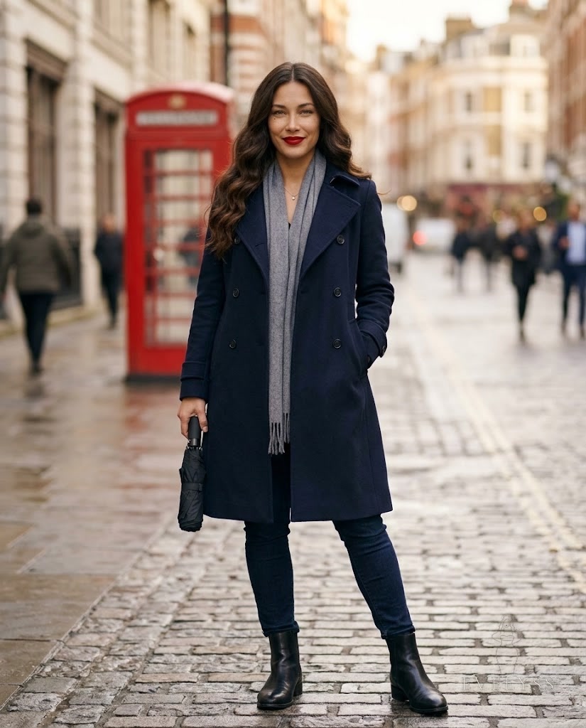 EVELYSS in a tailored navy wool coat, a grey wool scarf, dark jeans and black leather ankle boots