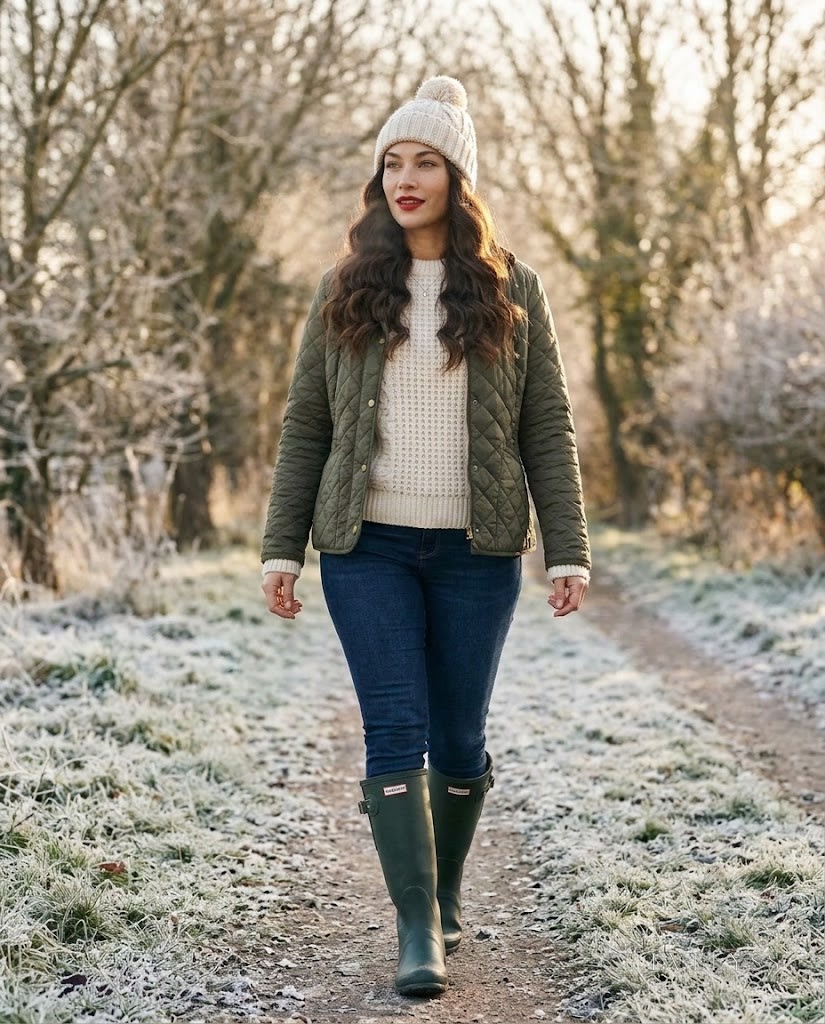 EVELYSS in a quilted olive jacket, a cream fisherman jumper