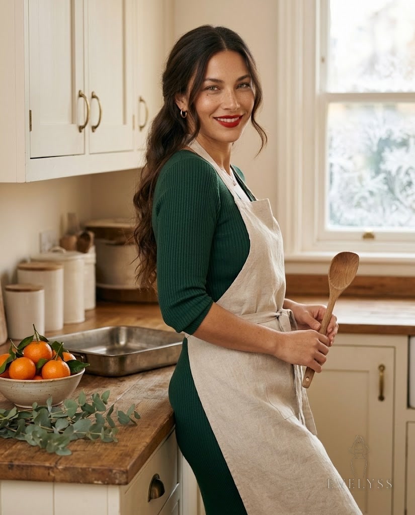 EVELYSS in a warm, softly lit British home kitchen on Christmas morning, cream painted cabinets