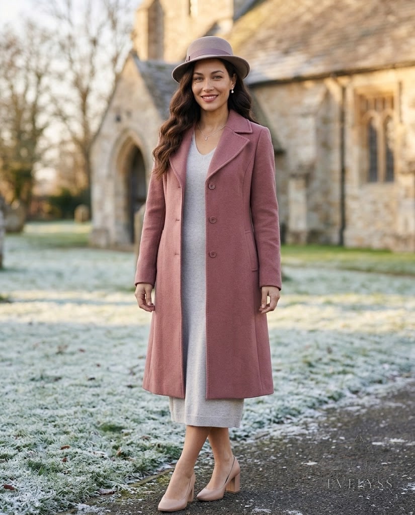 EVELYSS in a dusty-rose coat outside a village church in winter