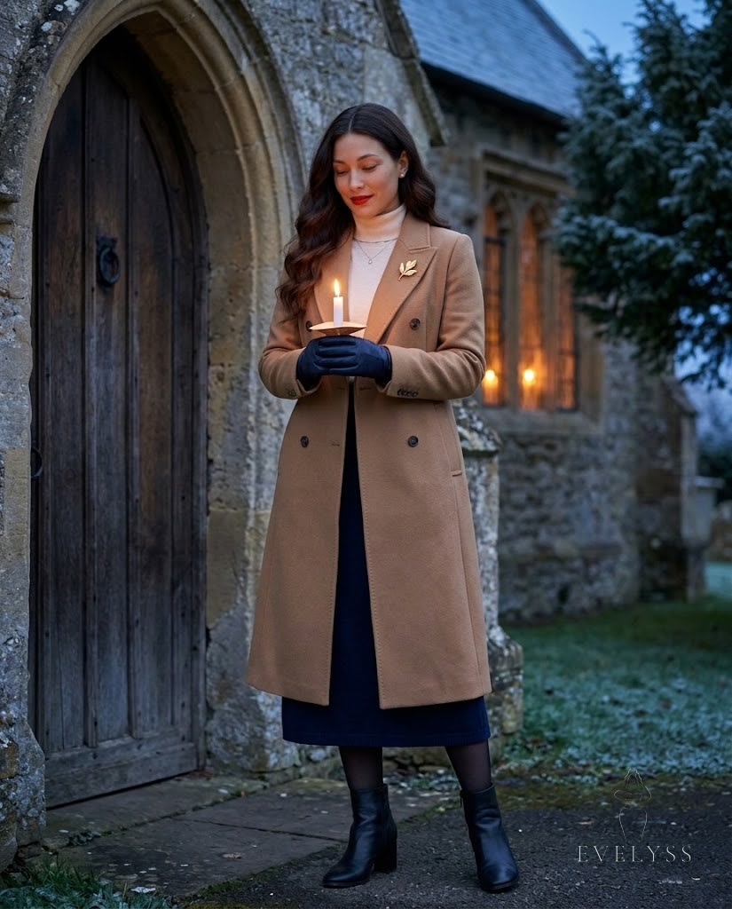 EVELYSS outside the arched wooden door of an old English stone church on a December evening