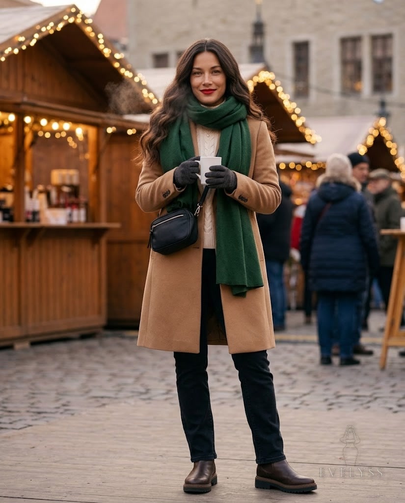 EVELYSS at an outdoor Christmas market in an old European-style town square at dusk in early December