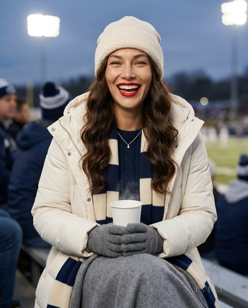 EVELYSS in the stands of an outdoor stadium at dusk under bright floodlights, waist-up view