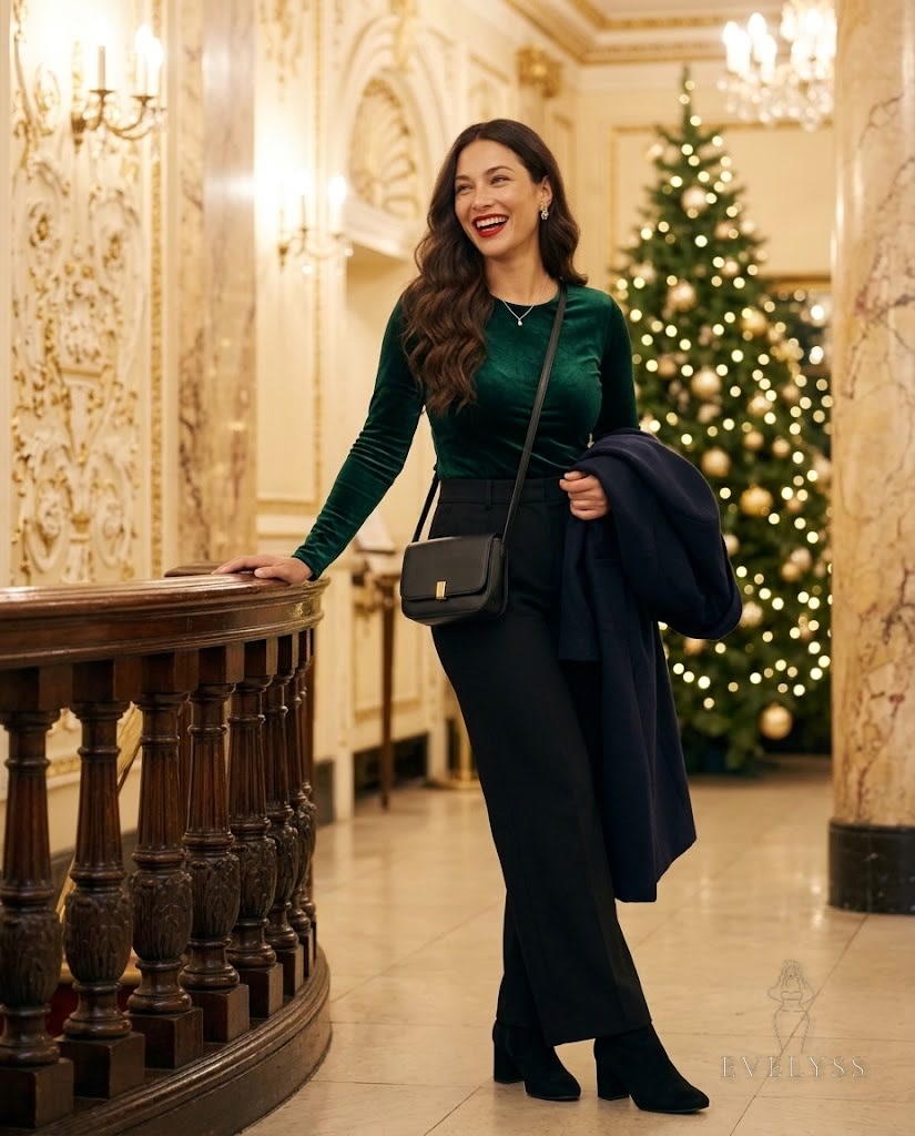 EVELYSS in the gilded foyer of a traditional British theatre in December, cream and gold plasterwork