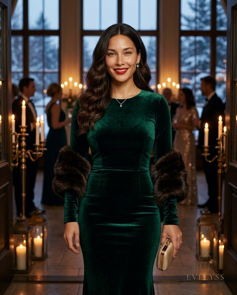 EVELYSS in an emerald velvet gown and faux-fur stole at a candlelit winter wedding