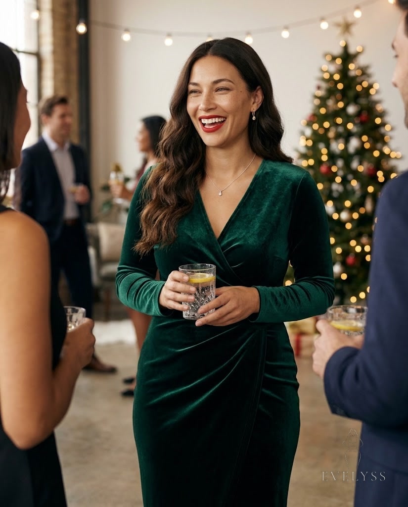 EVELYSS in an emerald velvet wrap dress at an office holiday party