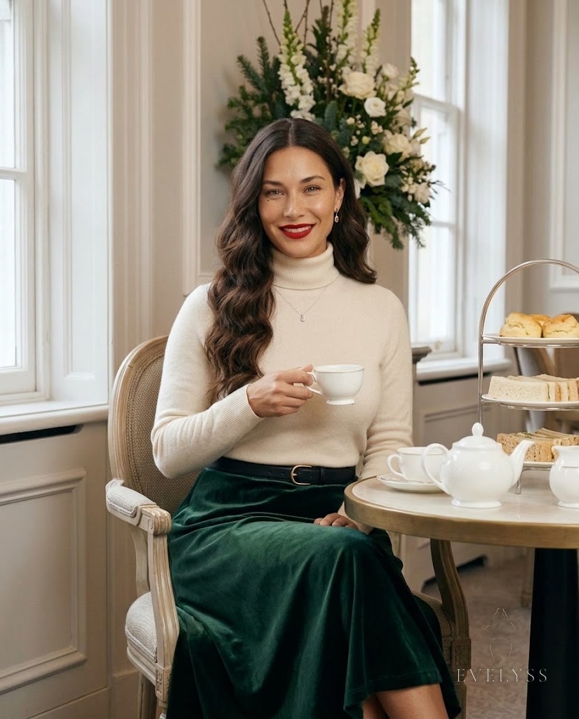 EVELYSS , a seated at a small round table in an elegant London hotel tea room in December