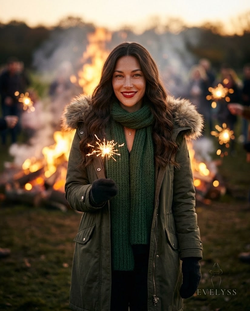 EVELYSS in a long olive parka with a faux-fur hood, a chunky red scarf, mittens and wellington boots