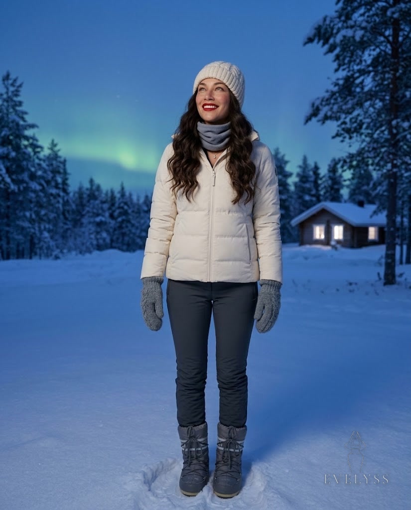 EVELYSS , a standing in deep snow at the edge of a snow-laden pine forest in Finnish Lapland in December