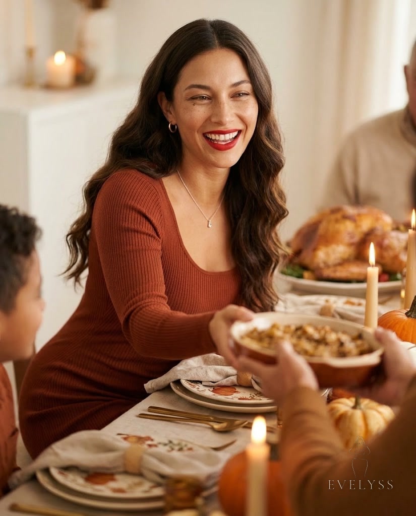 EVELYSS in a rust-coloured ribbed knit midi dress with long sleeves and small gold hoops, passing a dish and laughing