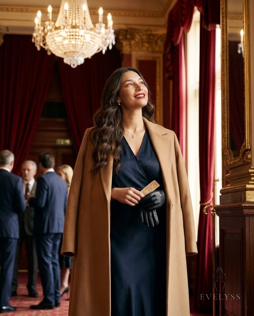 EVELYSS in a camel coat over a navy dress in a theatre lobby