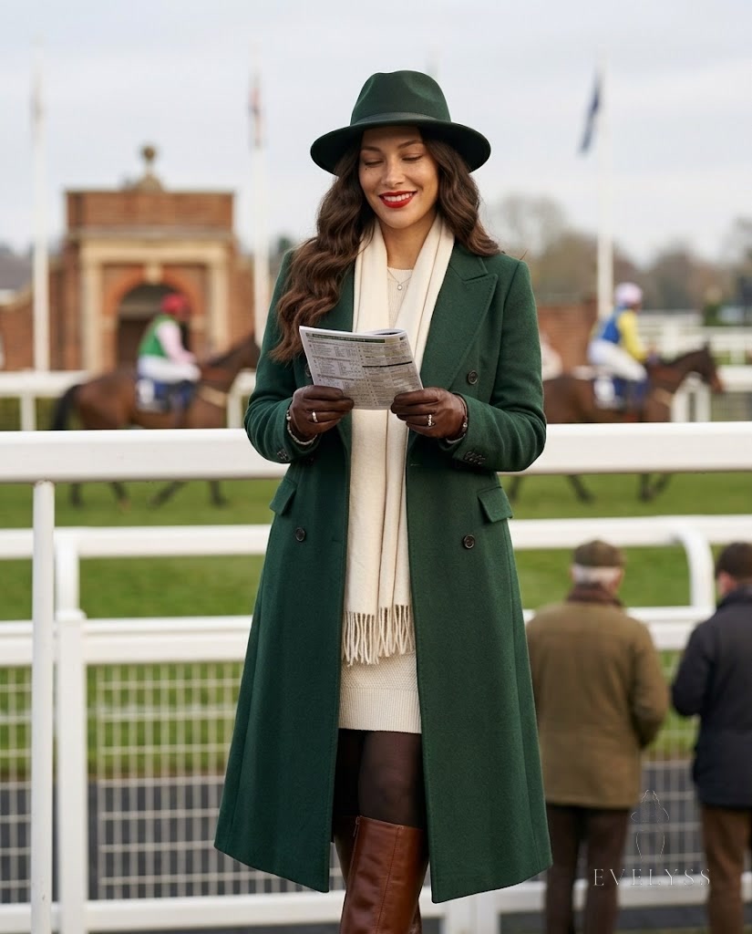 EVELYSS in a forest-green wool coat and felt fedora at the races in winter