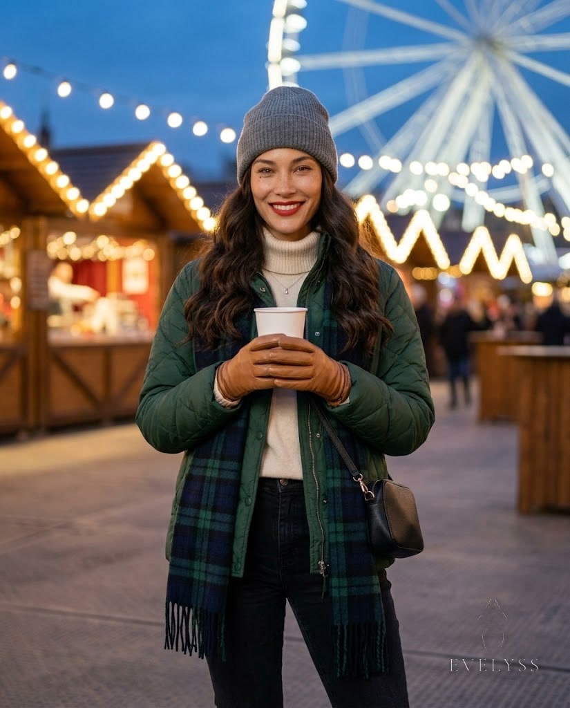 EVELYSS at dusk at a festive outdoor winter fair in a London park, blurred warm white string lights