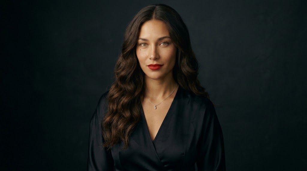 EVELYSS in a black silk wrap top, head-and-shoulders portrait on charcoal