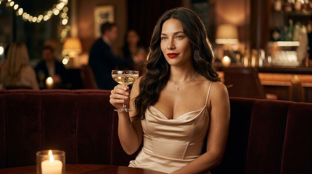 EVELYSS in a champagne silk slip dress with a coupe of champagne in a candlelit bar