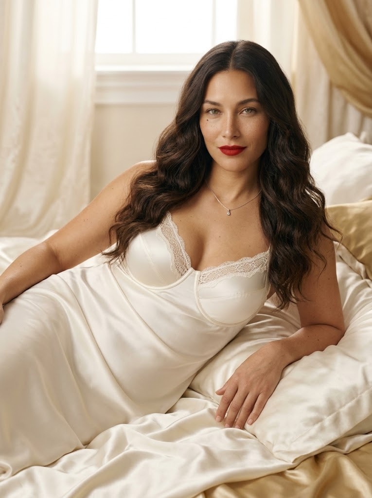 EVELYSS in an ivory silk slip, reclining on satin sheets