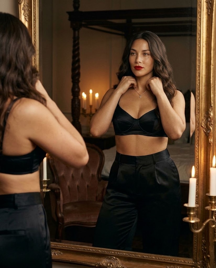 EVELYSS in black silk before a gilded mirror by candlelight